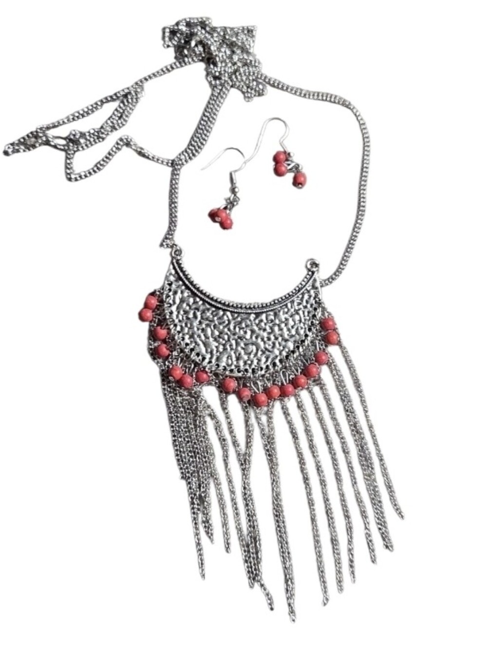 Silver Fringe Necklace with Coral Beads - Women Jewelry